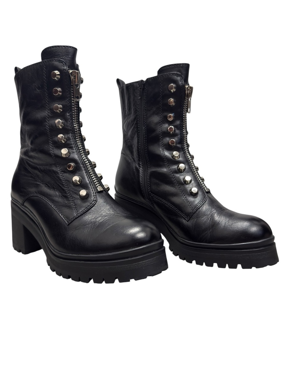 Tonette Combat Black Chunky Moto Edgy Leather Lug Sole  Studded Platform Boots